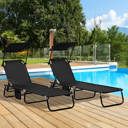 2 Piece Folding Chaise Lounges, Reclining Back, Sunshade, Black Lounger Chairs at Gallery Canada