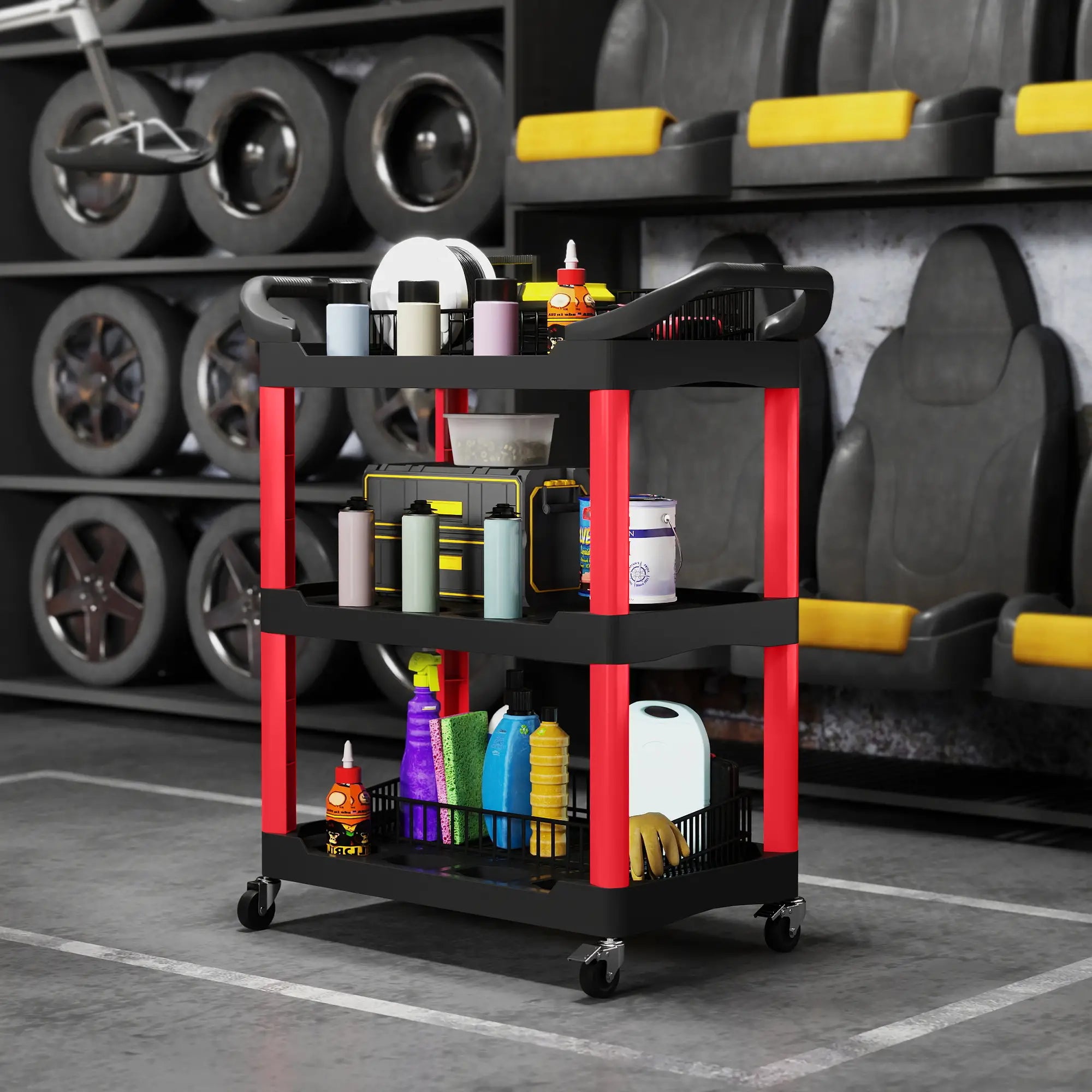3-Tier Rolling Tool Cart, 200 LBS Capacity, Black & Red Tool Organizers at Gallery Canada