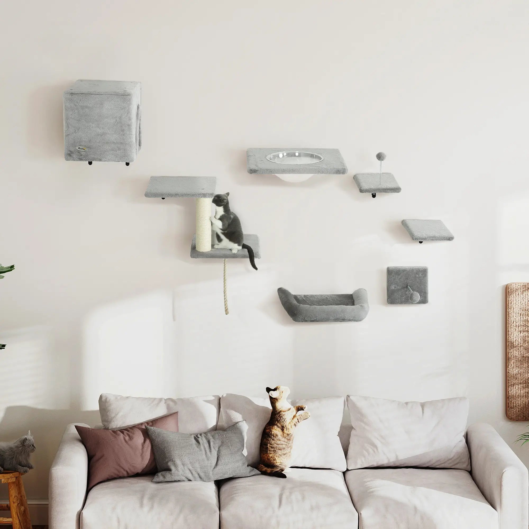 Cat Wall Shelves Set of 7, Perches with House, Sisal Ladder, Bed, Grey Cat Climbing Wall at Gallery Canada