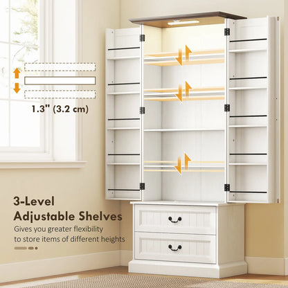 72" LED Kitchen Pantry Cabinet, 10 Door Shelves, 2 Drawers, White Kitchen Pantry Cabinets at Gallery Canada