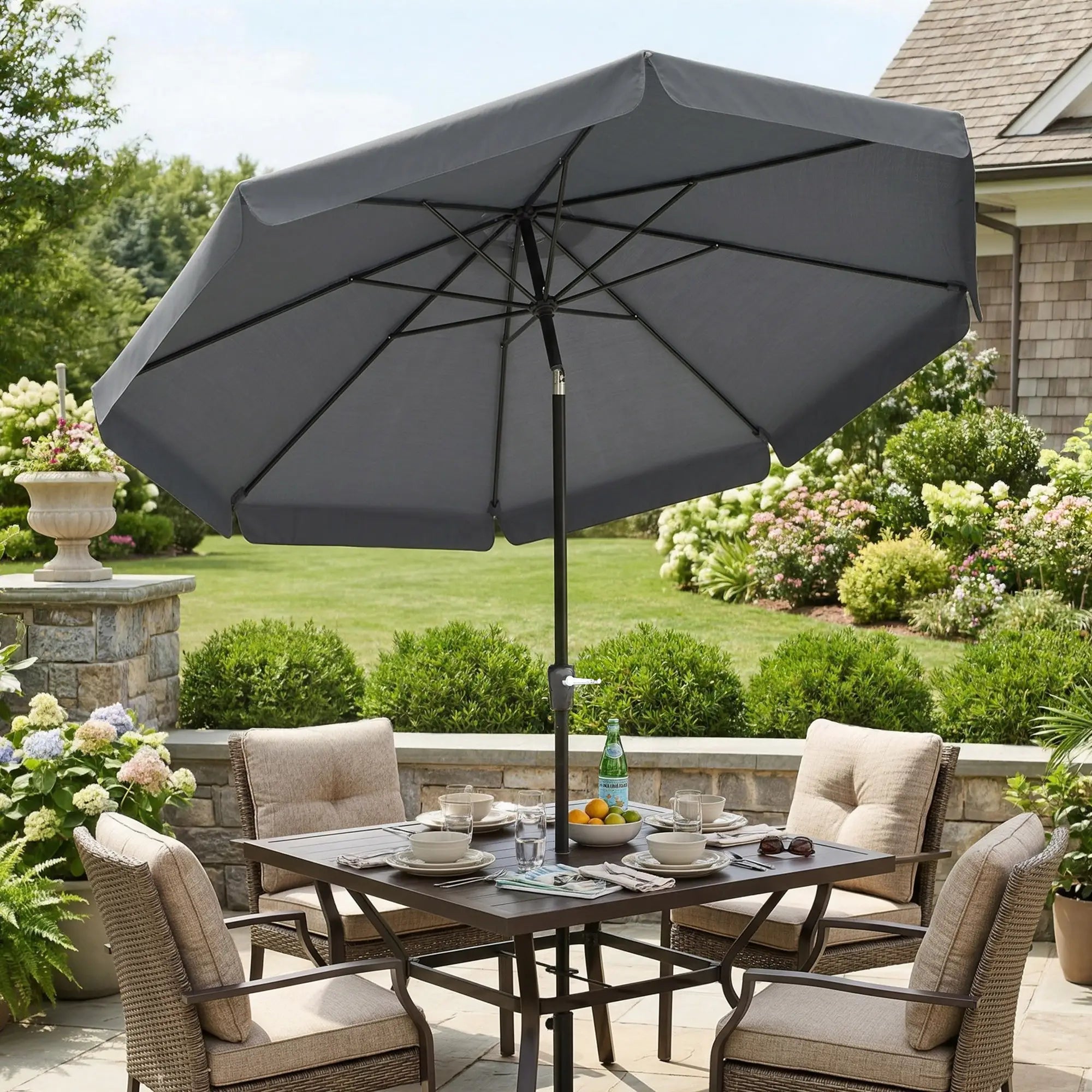 8.5 ft Round Patio Umbrella, Tilt and Crank, Dark Grey Sun Umbrellas at Gallery Canada