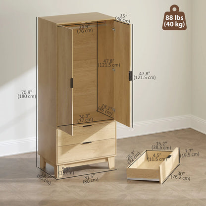 Modern Wardrobe Closet, Freestanding Armoire, 2 Drawers, Hanging Rod, Natural Clothing Storage at Gallery Canada