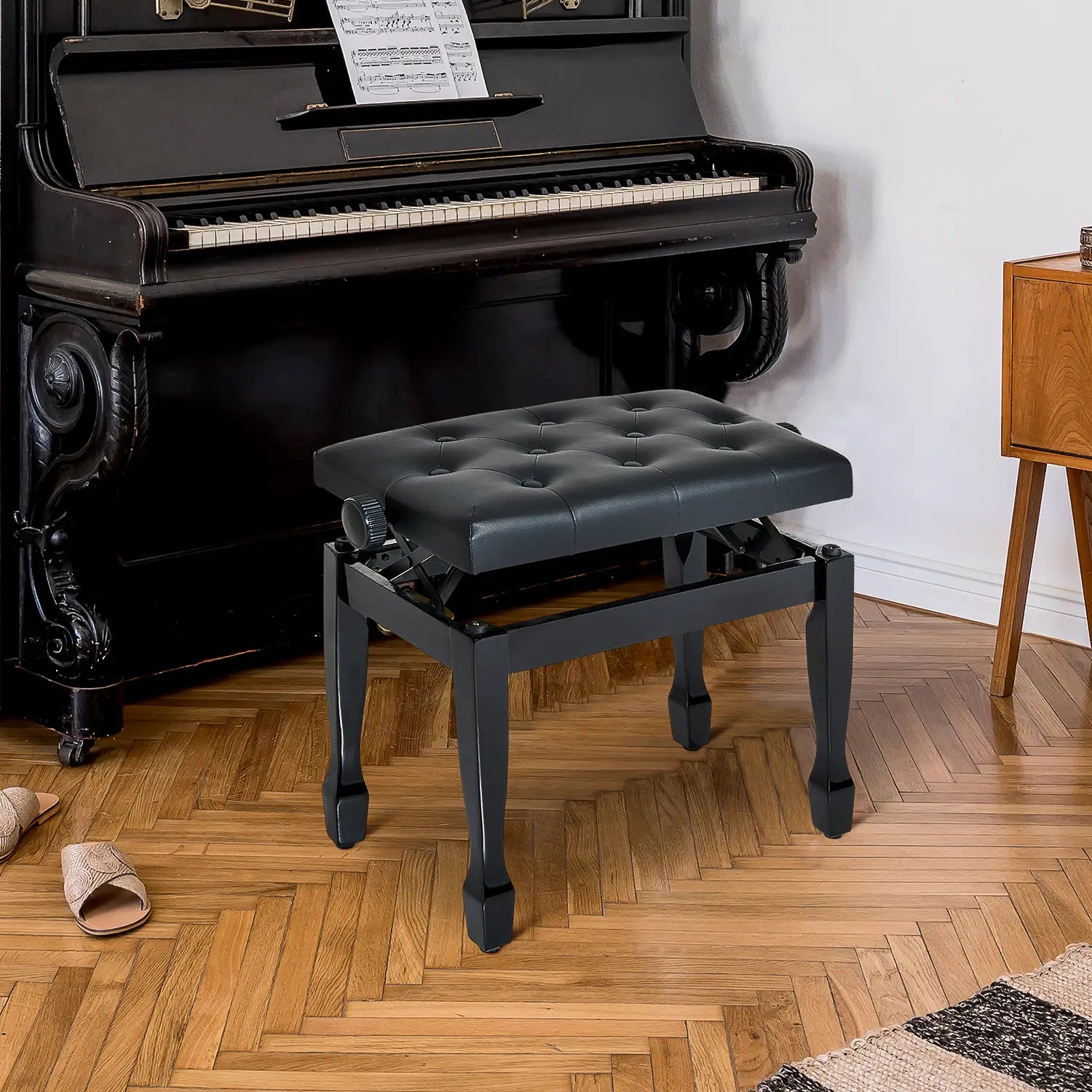 25" Adjustable Piano Bench, Padded Cushion, Storage, Black Piano Benches at Gallery Canada