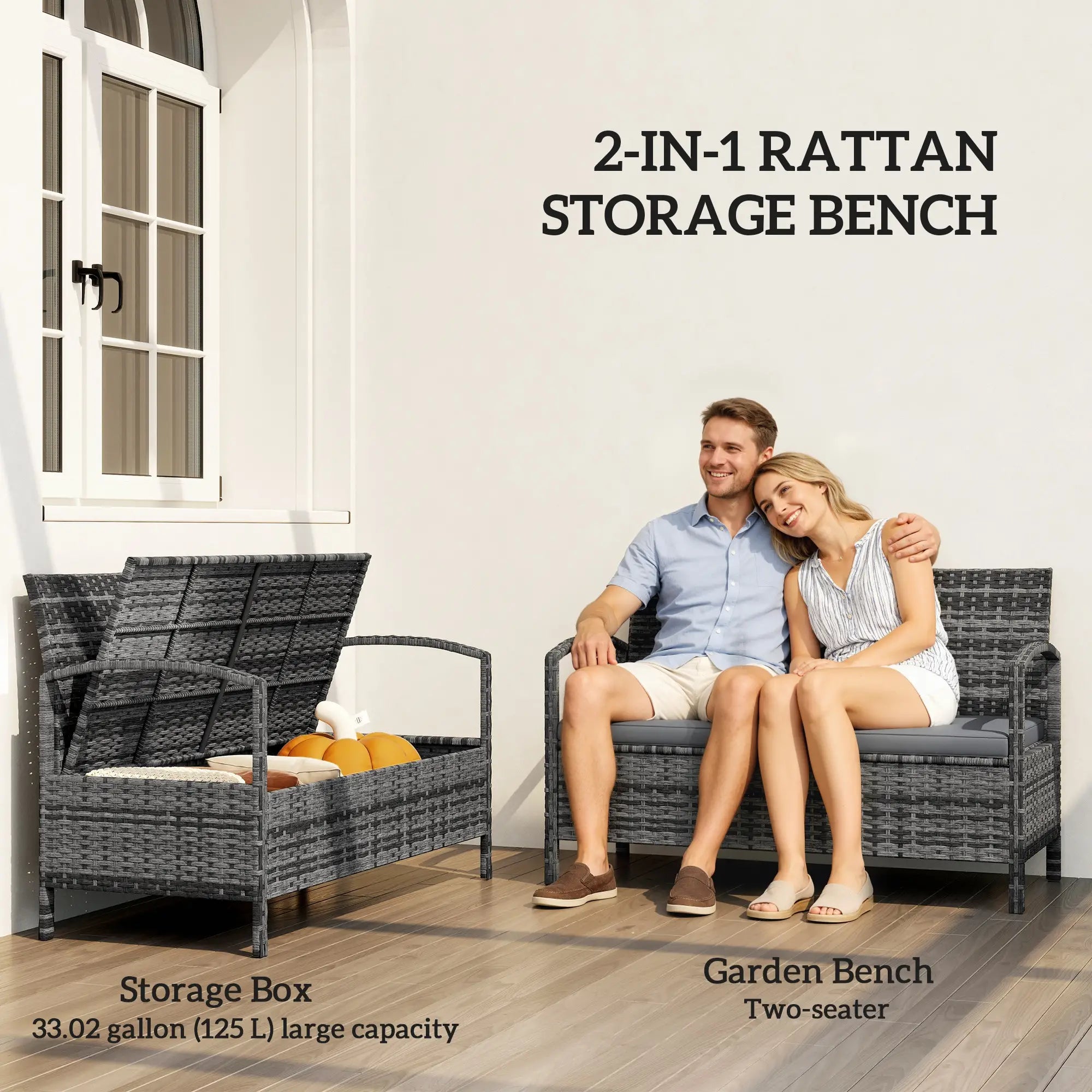 33 Gallon Outdoor Storage Bench, Wicker Deck Box Patio Seat, Grey Outdoor Benches at Gallery Canada
