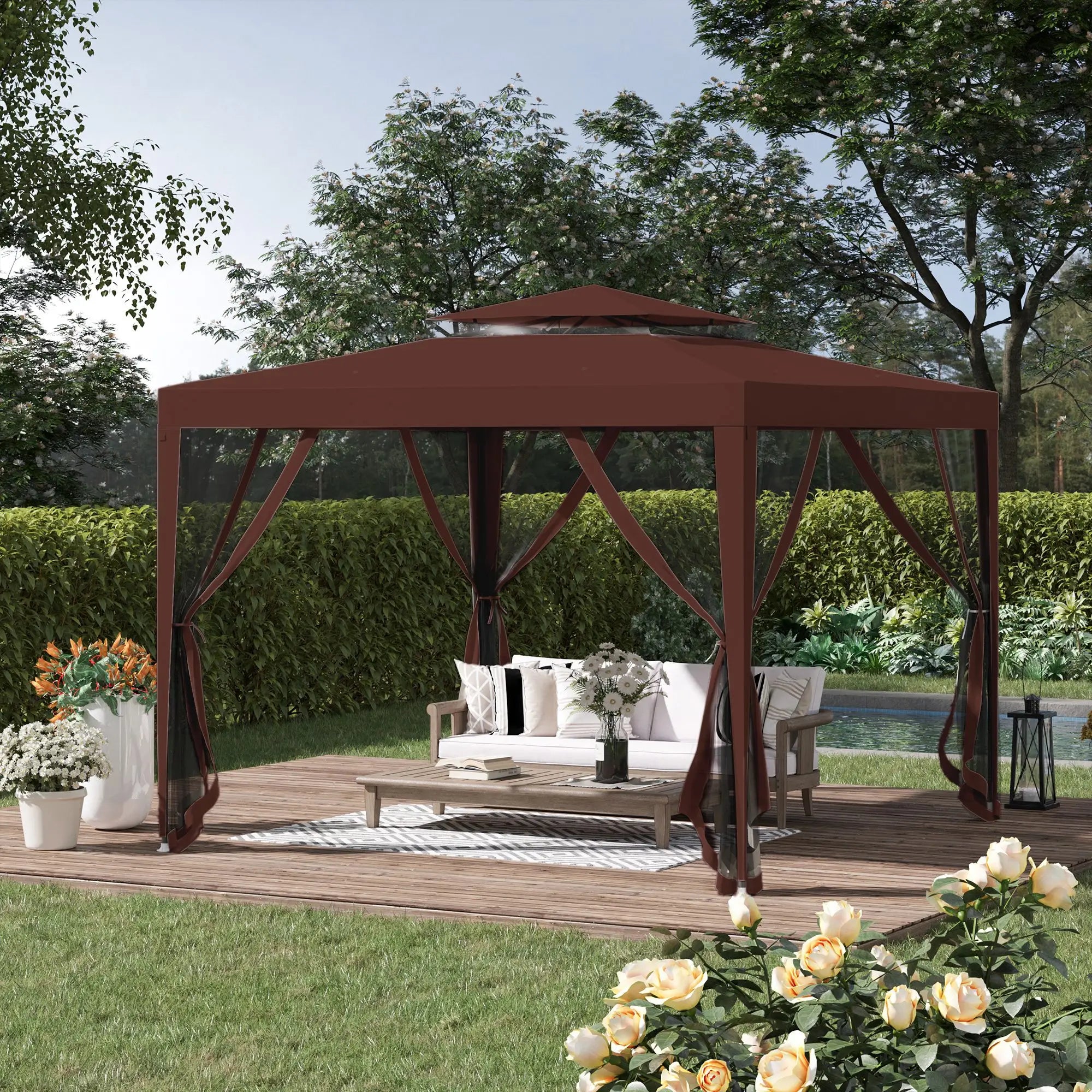 10' x 10' Outdoor Canopy Tent, Mesh Netting, Double Tier Roof, Brown Gazebos at Gallery Canada