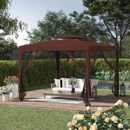 10' x 10' Outdoor Canopy Tent, Mesh Netting, Double Tier Roof, Brown Gazebos at Gallery Canada