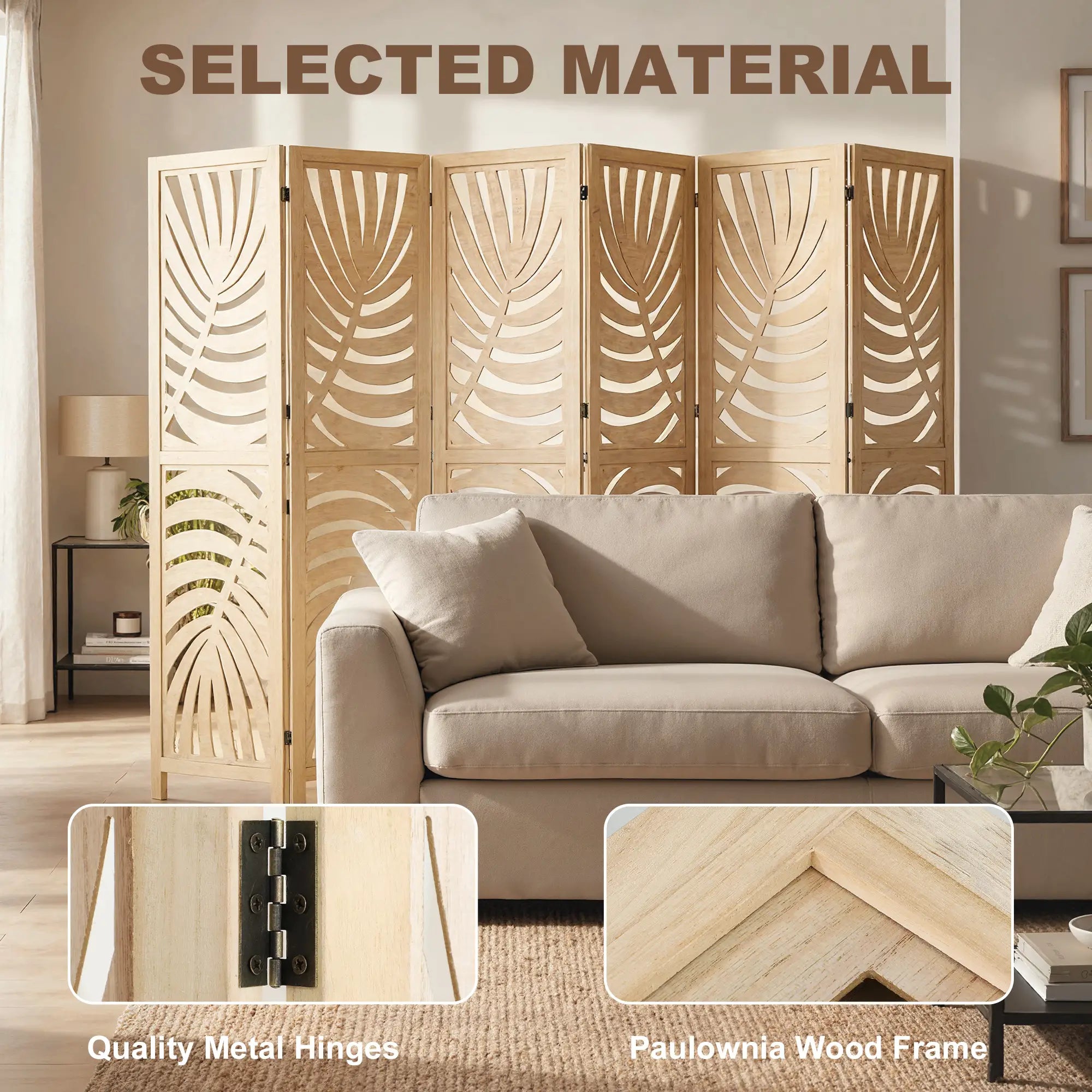 6 Panel Room Divider, Detachable Folding Privacy Screen, Palm Leaf Design, Natural Wood Room Dividers at Gallery Canada