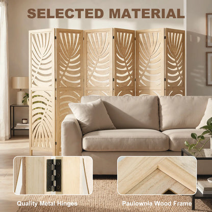 6 Panel Room Divider, Detachable Folding Privacy Screen, Palm Leaf Design, Natural Wood Room Dividers at Gallery Canada