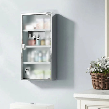 Wall Mount Medicine Cabinet, 4 Tier Shelves, Stainless Steel Frame, Glass Door, Lockable, 12" x 23.5", Silver Mirror Medicine Cabinets at Gallery Canada