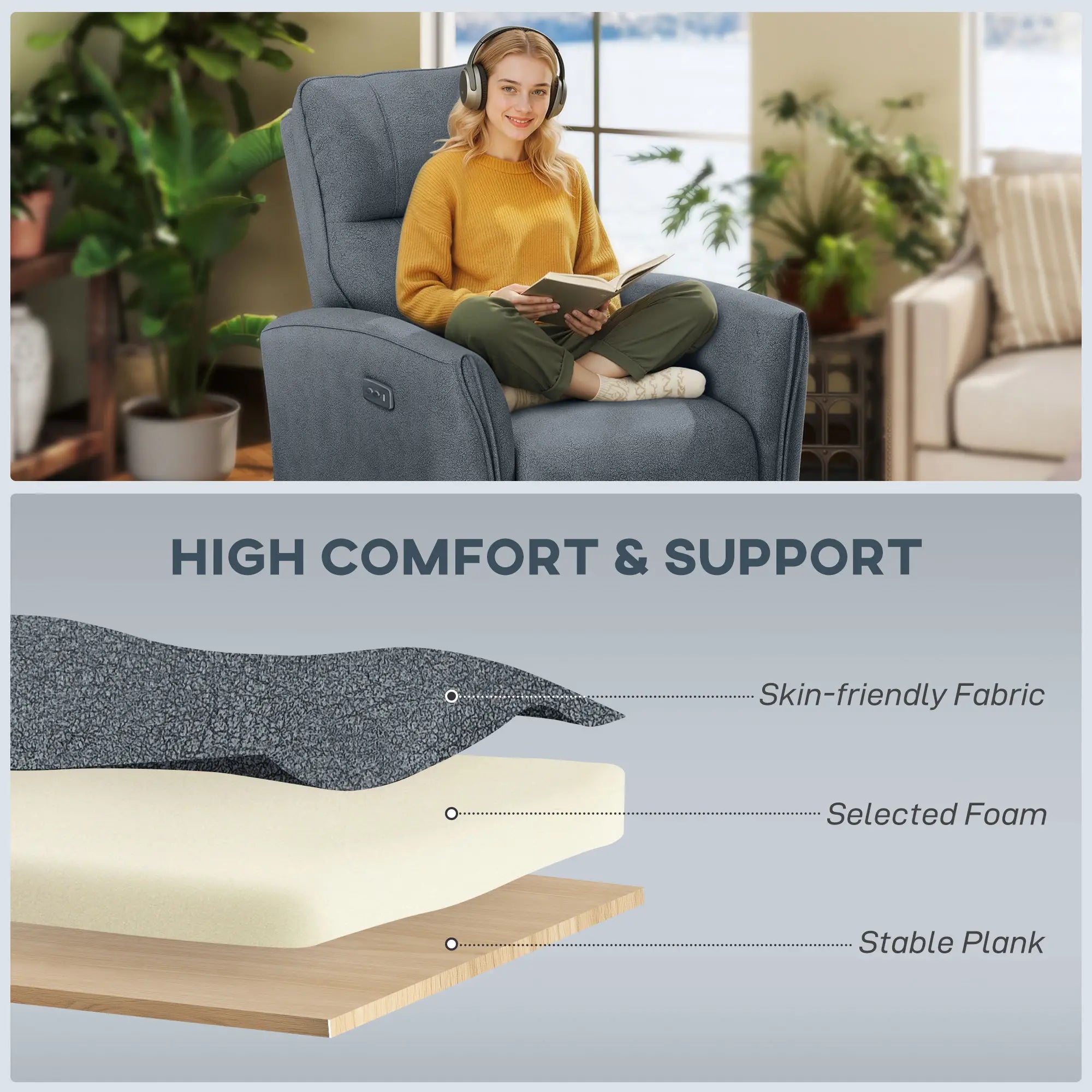 Fabric Recliner Chair, USB Ports, Footrest, Charcoal Grey Sofas & Reclining Chairs at Gallery Canada