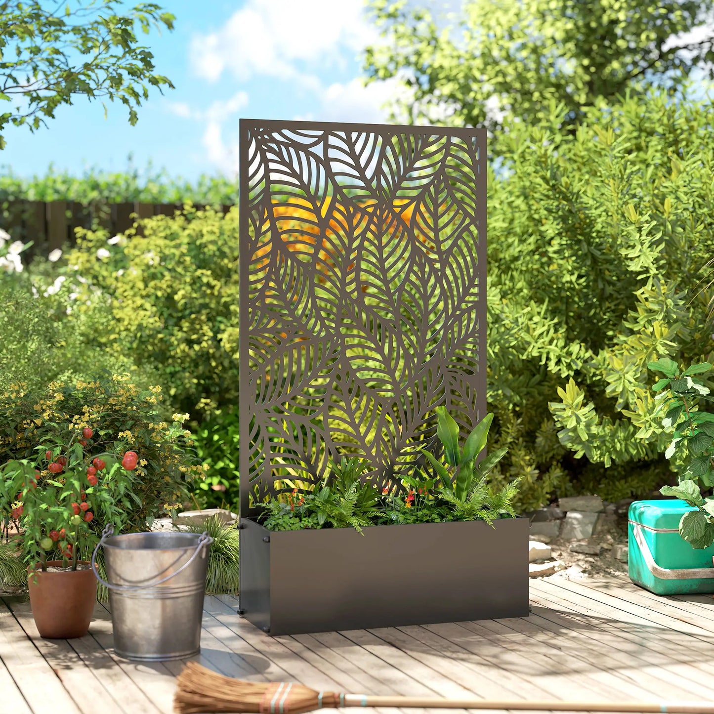 Metal Planter Box With Trellis, 44.5" Raised Garden Bed, Leaves Cut-Out Galvanized Planter Boxes at Gallery Canada