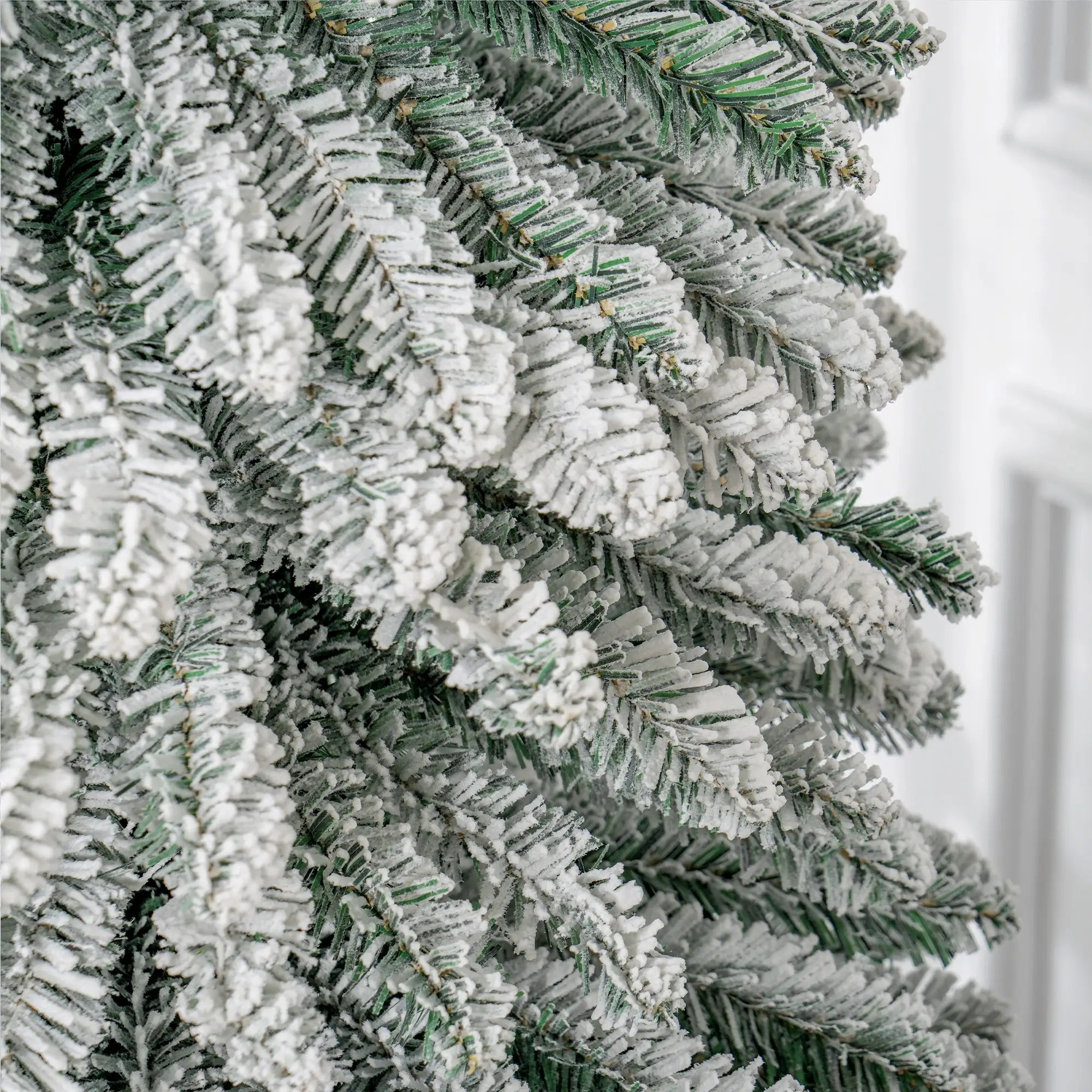 9ft Snow-Flocked Artificial Christmas Tree, Slim Pencil, Metal Base, Green Flocked Christmas Trees at Gallery Canada