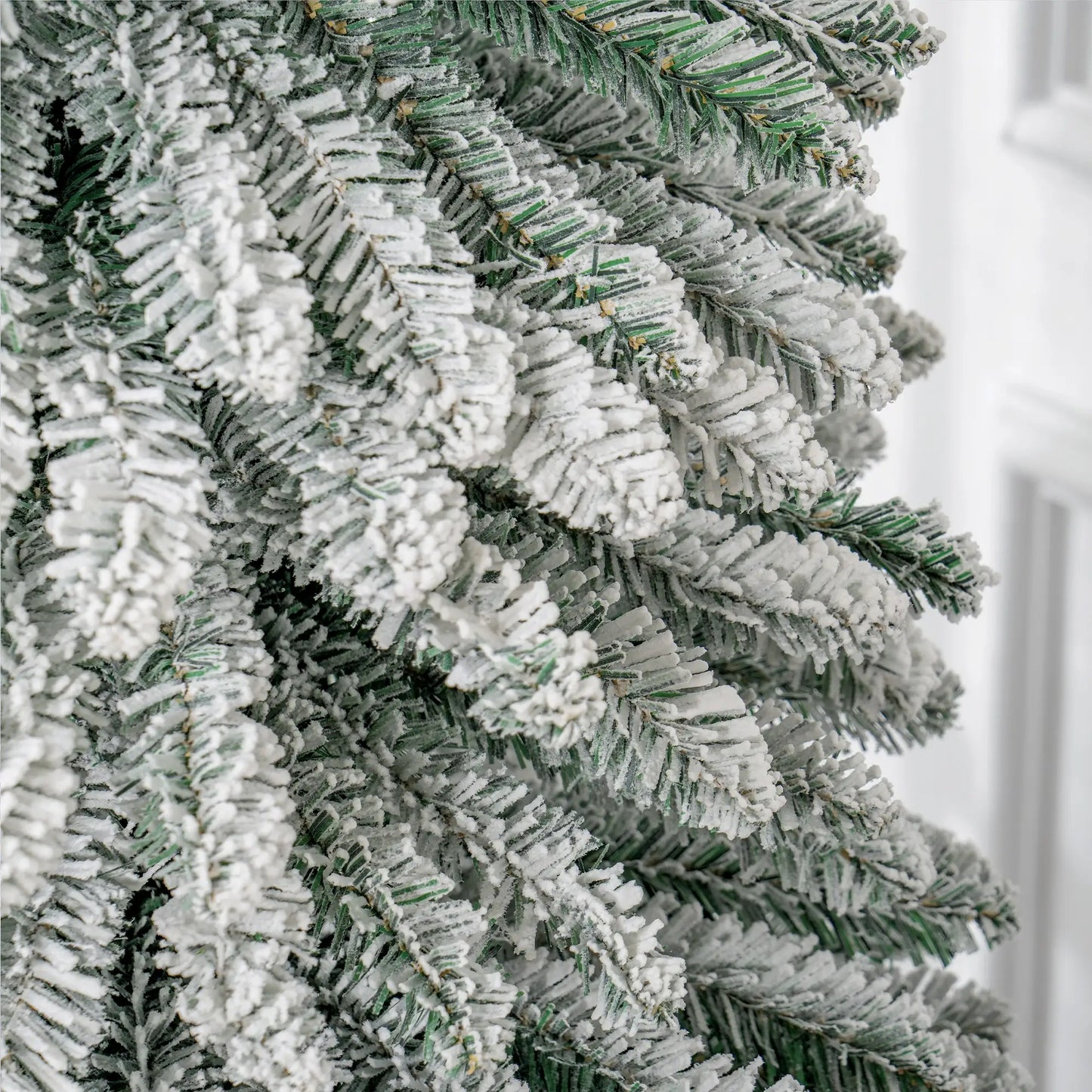 9ft Snow-Flocked Artificial Christmas Tree, Slim Pencil, Metal Base, Green Flocked Christmas Trees at Gallery Canada