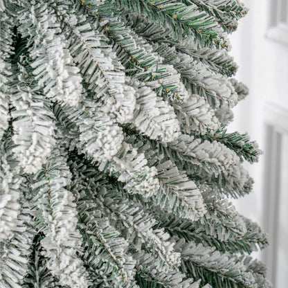 9ft Snow-Flocked Artificial Christmas Tree, Slim Pencil, Metal Base, Green Flocked Christmas Trees at Gallery Canada