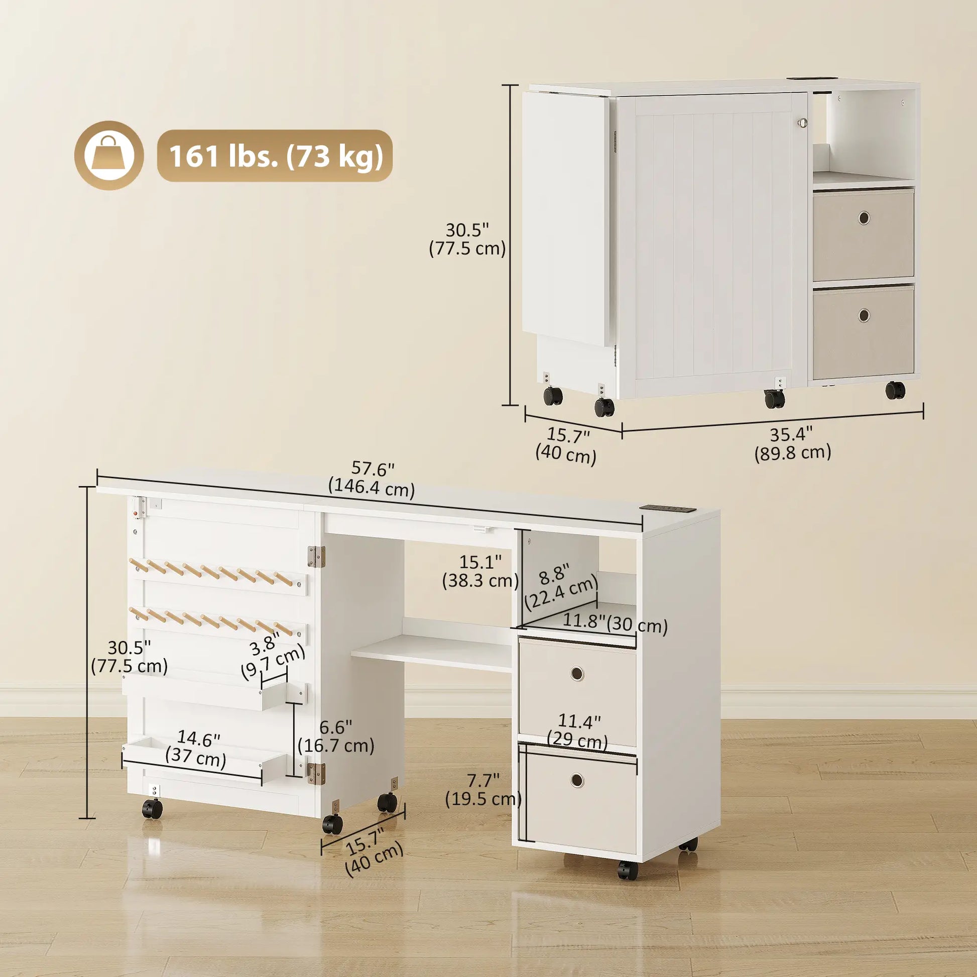 Rolling Sewing Machine Table, Folding Craft Table with Drawers, White Sewing Cabinets at Gallery Canada