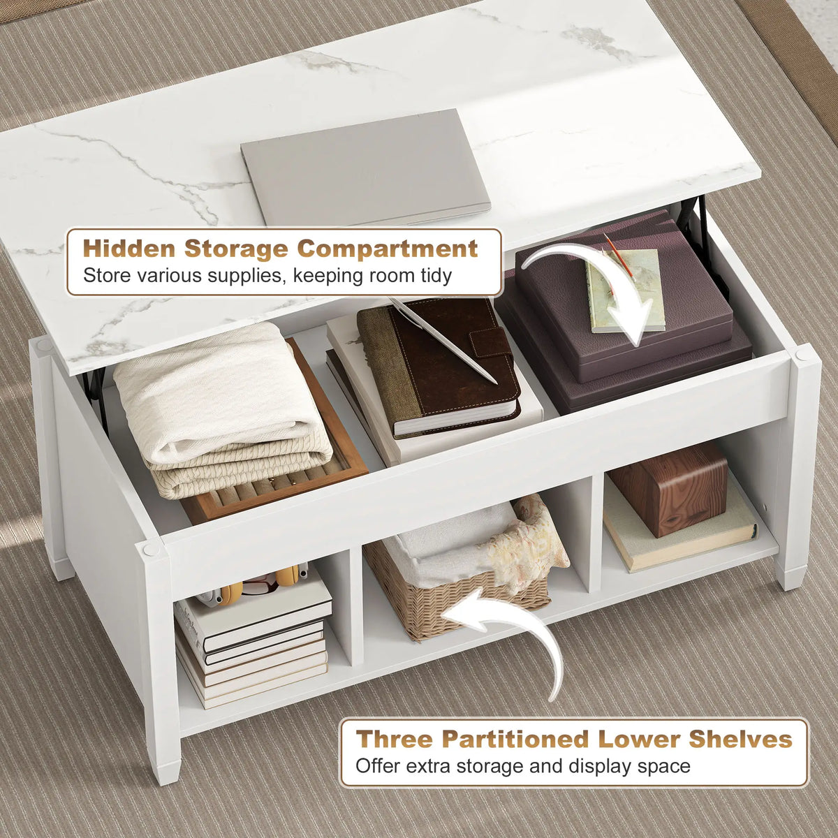 Lift Top Coffee Table, Storage Shelves, Hidden Compartment, 41" L, White Coffee Tables at Gallery Canada