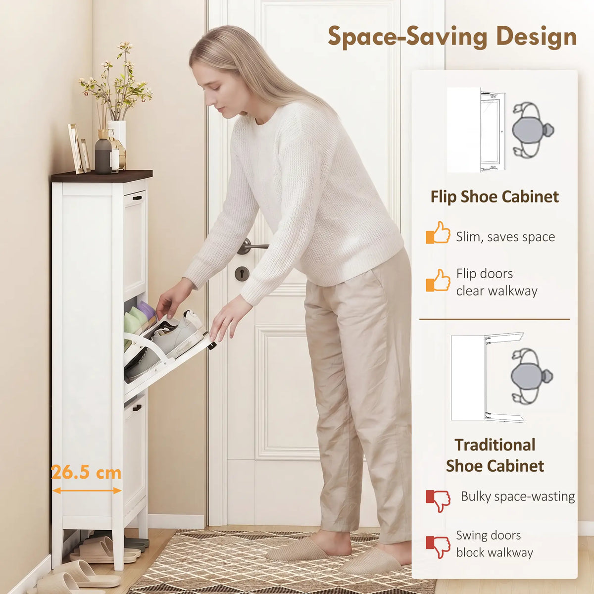 Shoe Cabinet with 3 Flip Drawers, Farmhouse Narrow Shoe Storage Cabinet with Adjustable Shelves, White Shoe Storage Cabinets & Racks at Gallery Canada