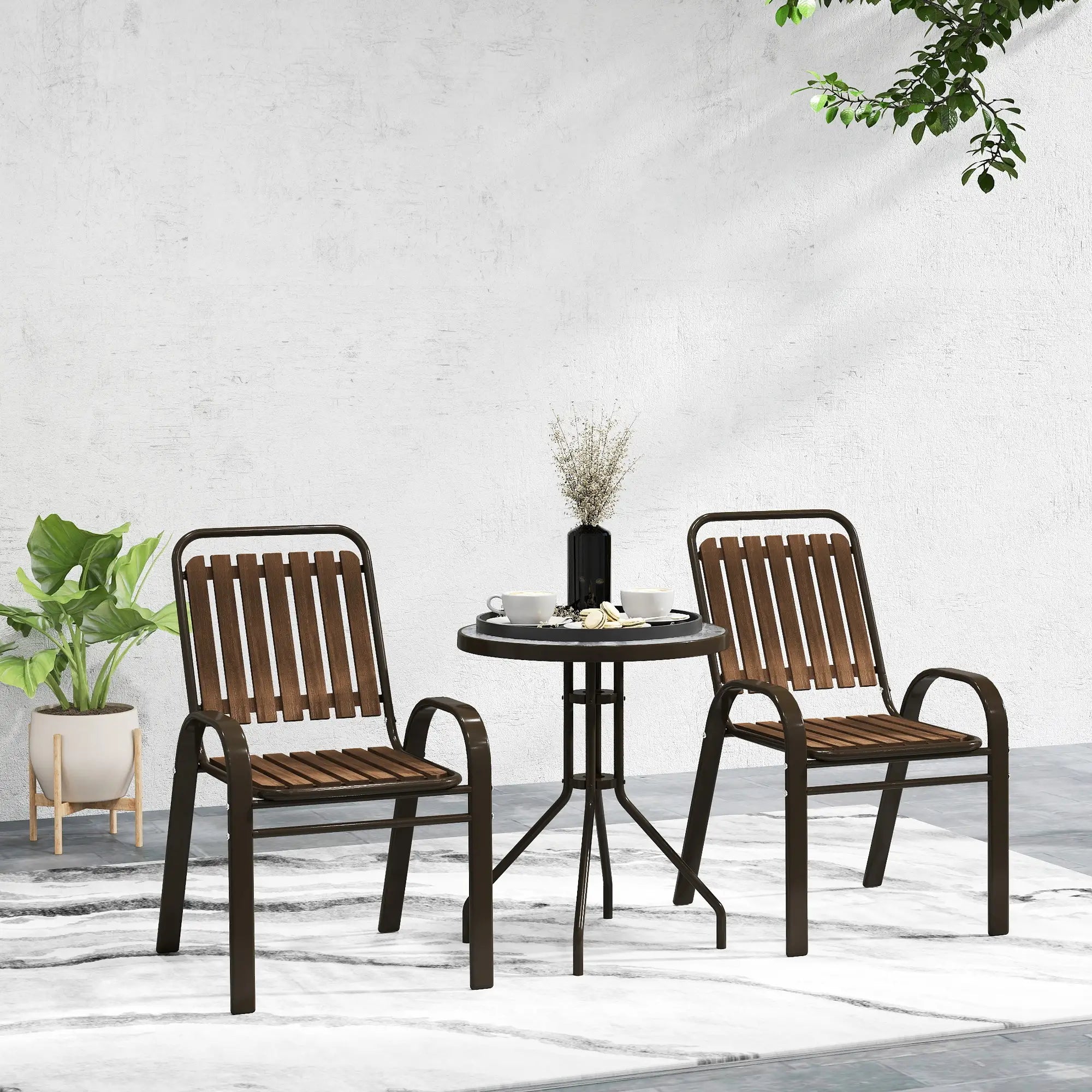 3pc Patio Bistro Set, 2 Stackable Chairs with Glass Table, Outdoor, Dark Brown Bistro Sets at Gallery Canada
