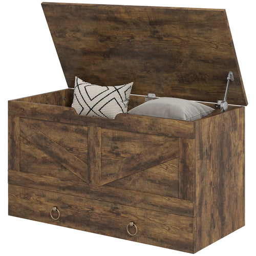 31.5 Inches Storage Chest, Wooden Box, Rustic Brown, Brown