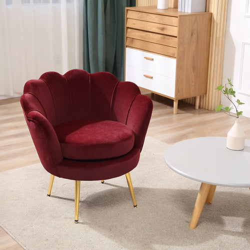 Modern Velvet Accent Chair, Gold Metal Legs, Wine Red