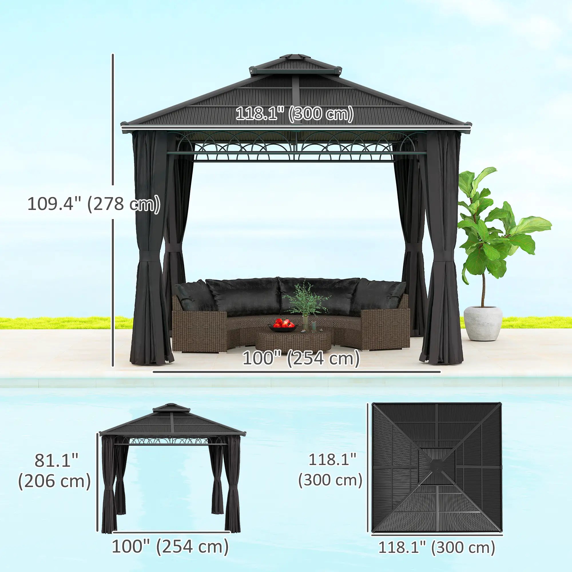 9' x 10' Hardtop Gazebo With Steel Frame, Nettings, Curtains, Black Gazebos at Gallery Canada