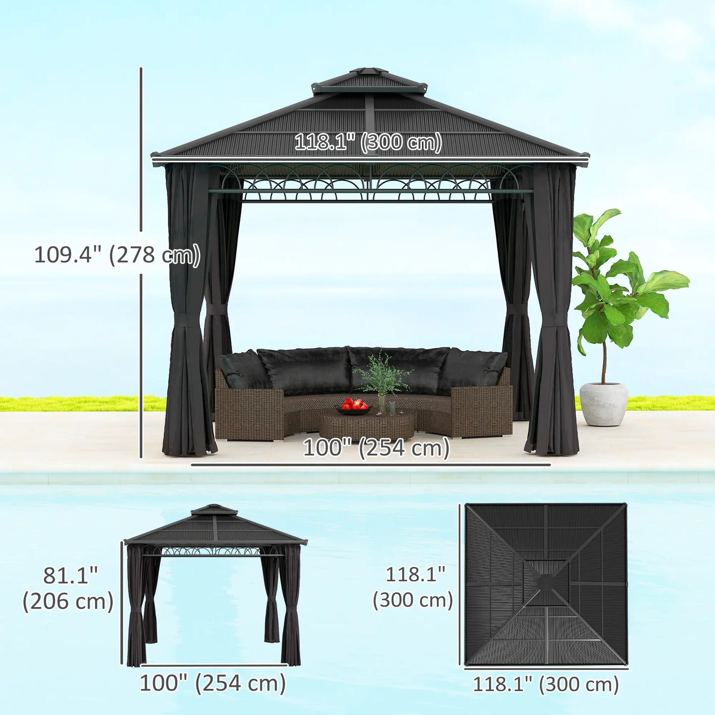 9' x 10' Hardtop Gazebo With Steel Frame, Nettings, Curtains, Black Gazebos at Gallery Canada