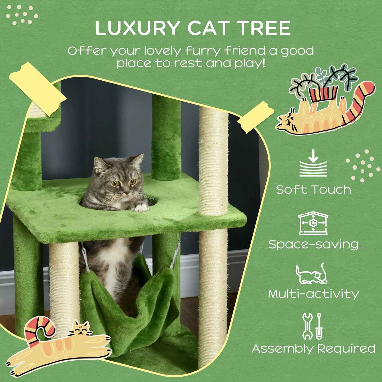 56" Cat Tree for Large Cats, Hammock, Scratching Post, Platforms, Play Ball, Green Cat Towers at Gallery Canada