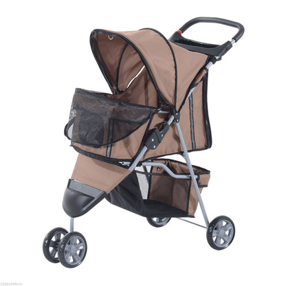 3 Wheel Folding Pet Stroller Dog Bike Carrier Strolling Jogger with Brake, Canopy, Cup Holders and Bottom Storage Space, Coffee at Gallery Canada