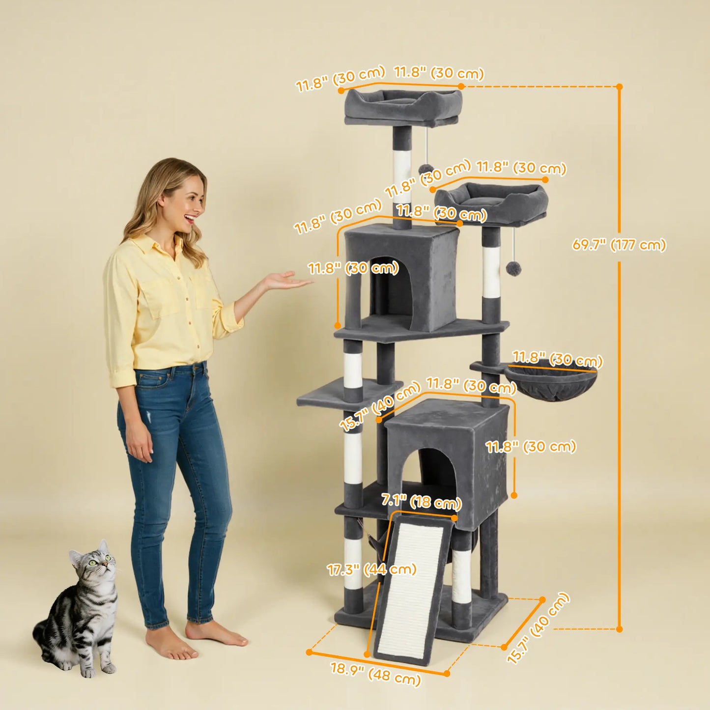 Cat Tree, 70 Inch Multi-Level Tower with Condos, Perches, Hammock, Dark Grey Cat Towers at Gallery Canada