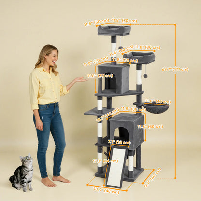 Cat Tree, 70 Inch Multi-Level Tower with Condos, Perches, Hammock, Dark Grey Cat Towers at Gallery Canada