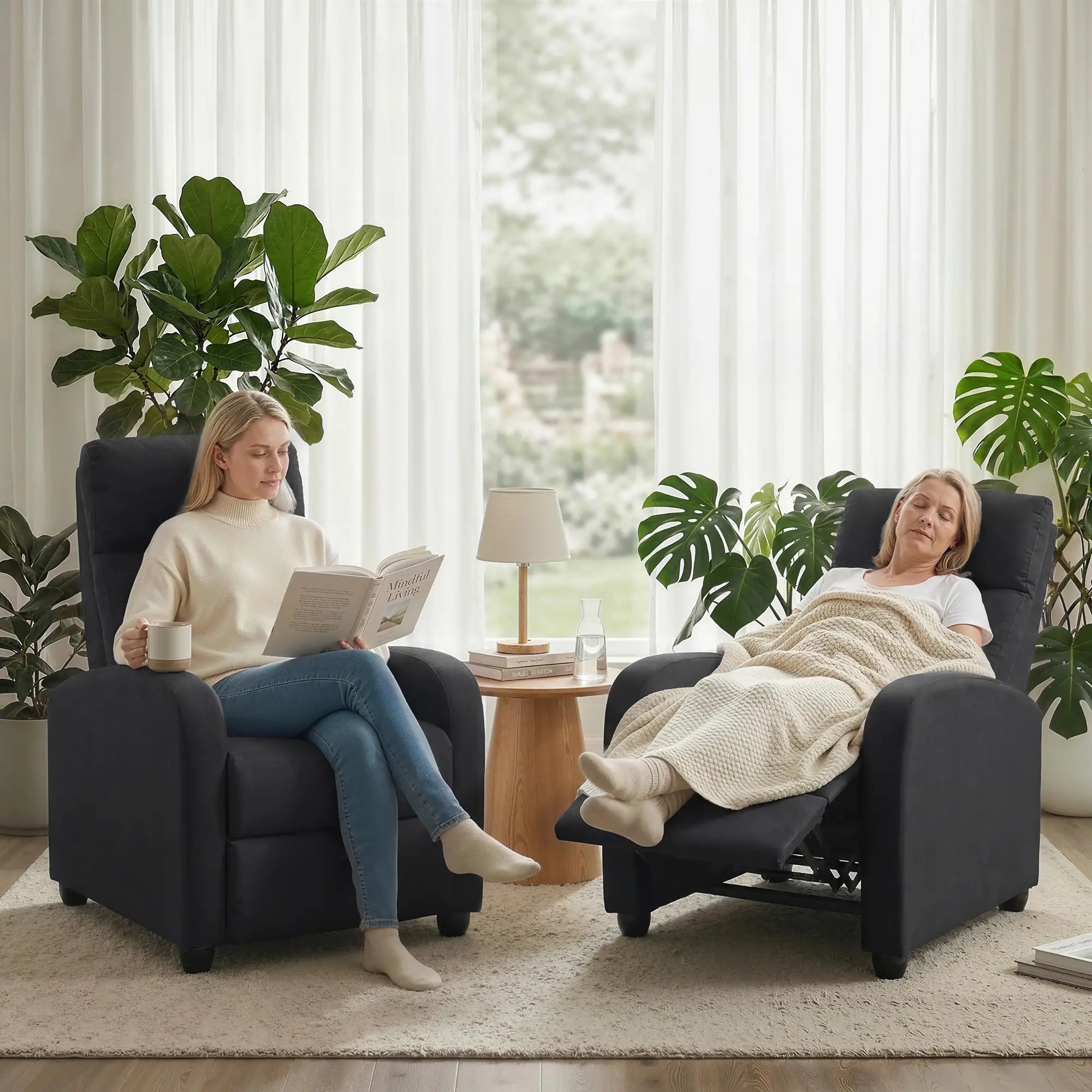 Manual Fabric Recliner Chair, Single Sofa with Padded Seat, Black Single Sofas at Gallery Canada
