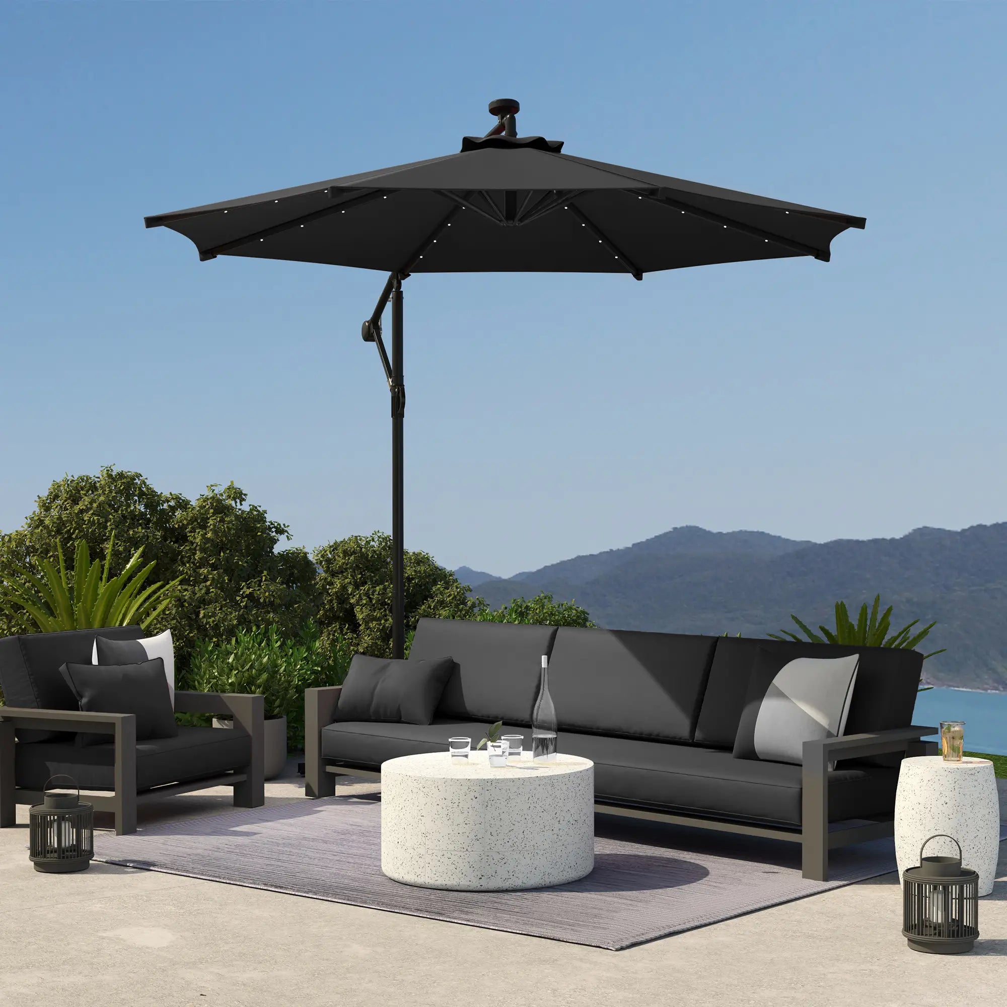 10ft Banana Umbrella, Solar Lights, Adjustable Angle, Patio Backyard, Black Offset Cantilever Umbrellas at Gallery Canada
