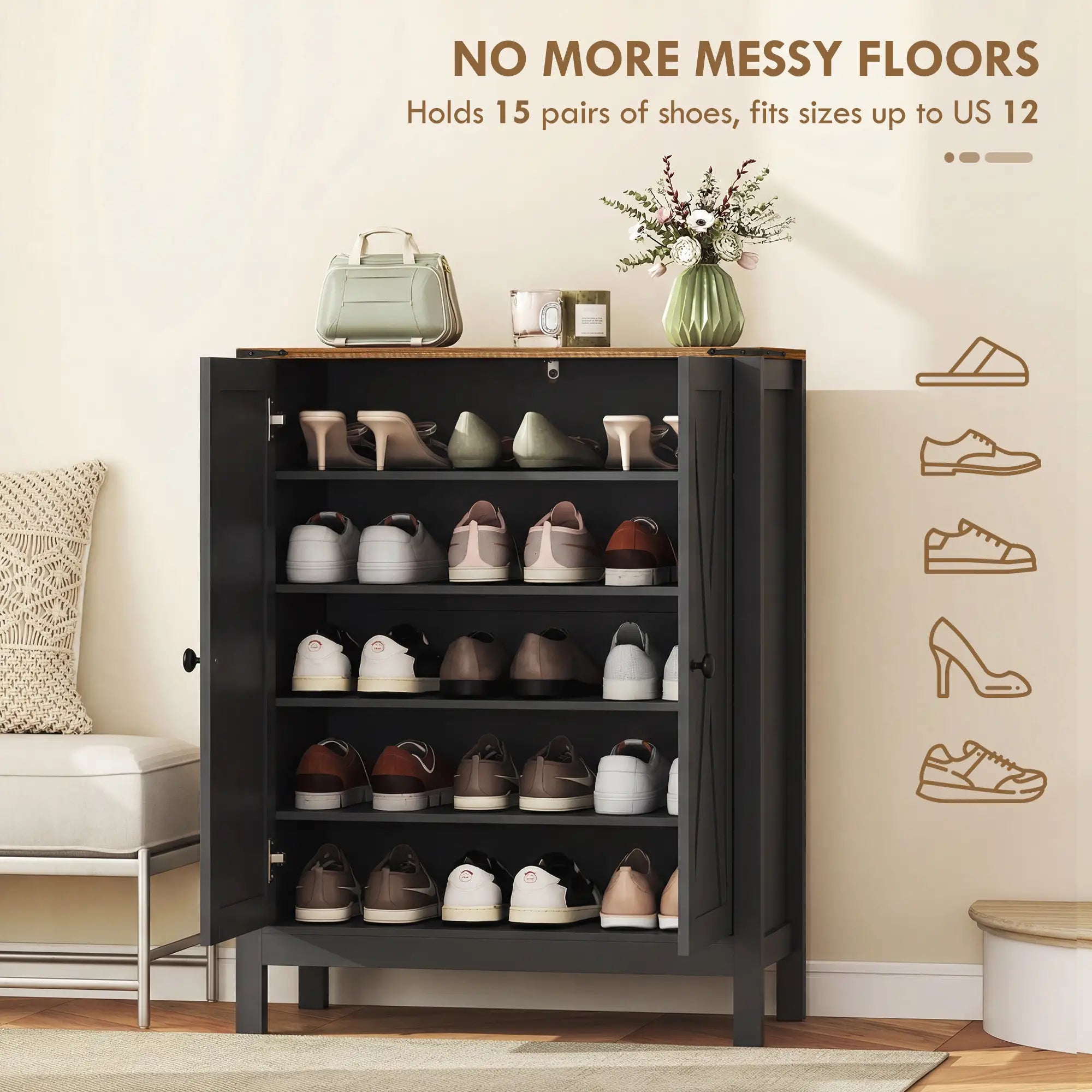 Shoe Cabinet With Barn Doors, Adjustable Shelves, 15 Pairs, Black Shoe Storage Cabinets & Racks at Gallery Canada