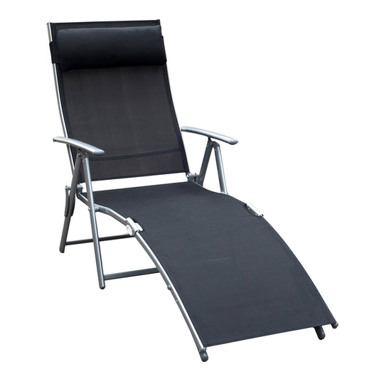 Heavy-duty Adjustable Folding Reclining Chair Outdoor Sun Lounger Patio Chaise Lounge Garden Beach Gravity Lounge with Pillow, 7 Adjustable Backrest Positions, Black - Gallery Canada