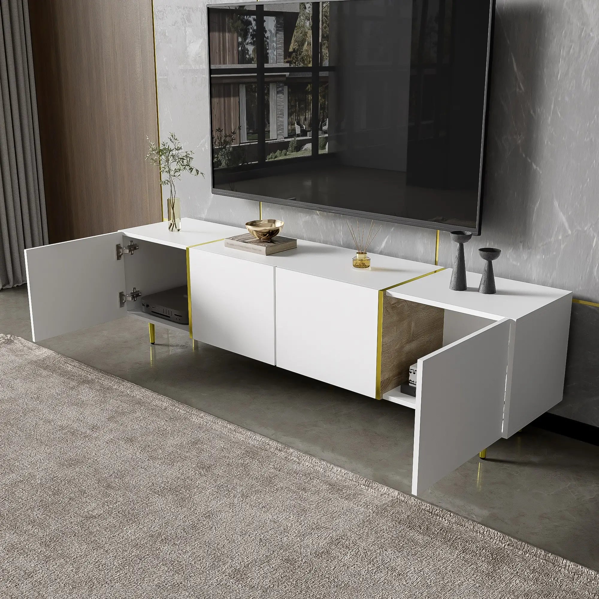 Modern TV Stand, 4 Doors, Soft-Close Hinges, 67