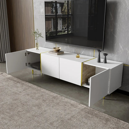 Modern TV Stand, 4 Doors, Soft-Close Hinges, 67" L x 13.5" W x 18" H, White TV Stands at Gallery Canada