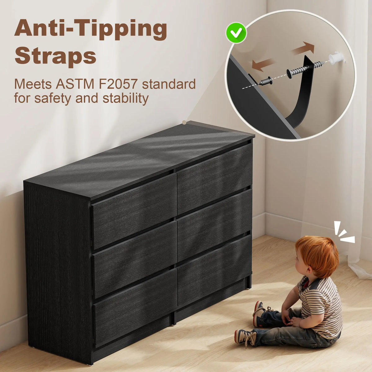 Wide 6 Drawer Dresser, Modern Clothes Storage Organizer, Black Storage Cabinets at Gallery Canada
