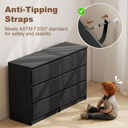 Wide 6 Drawer Dresser, Modern Clothes Storage Organizer, Black Storage Cabinets at Gallery Canada