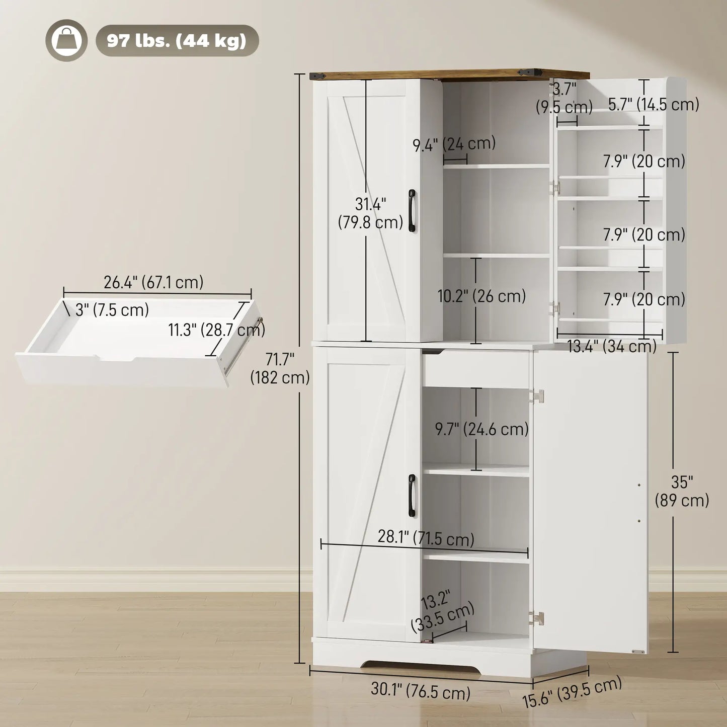 72 Inch Kitchen Pantry Cabinet, Farmhouse Storage with 4 Doors, Drawer, White Kitchen Pantry Cabinets at Gallery Canada