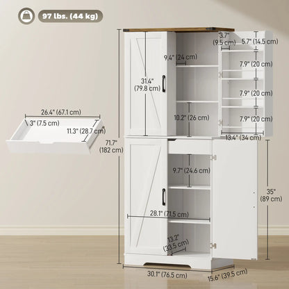 72 Inch Kitchen Pantry Cabinet, Farmhouse Storage with 4 Doors, Drawer, White Kitchen Pantry Cabinets at Gallery Canada