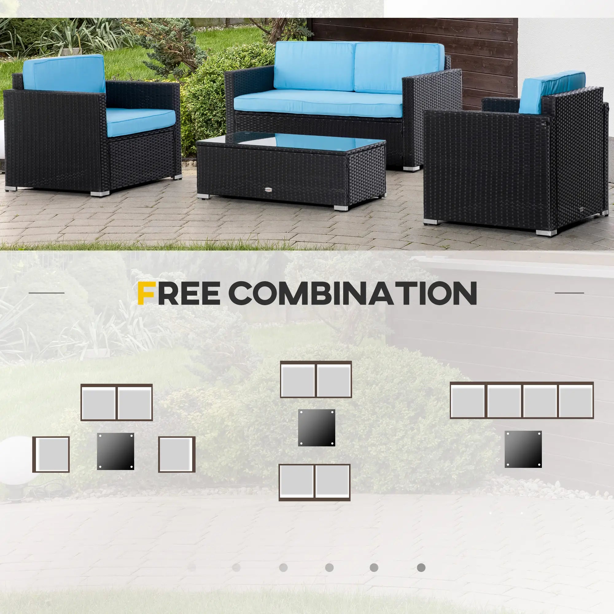 4-Piece Wicker Patio Set, Thick Cushions, PE Rattan Sofa, Glass Table, Sky Blue Patio Furniture Sets at Gallery Canada