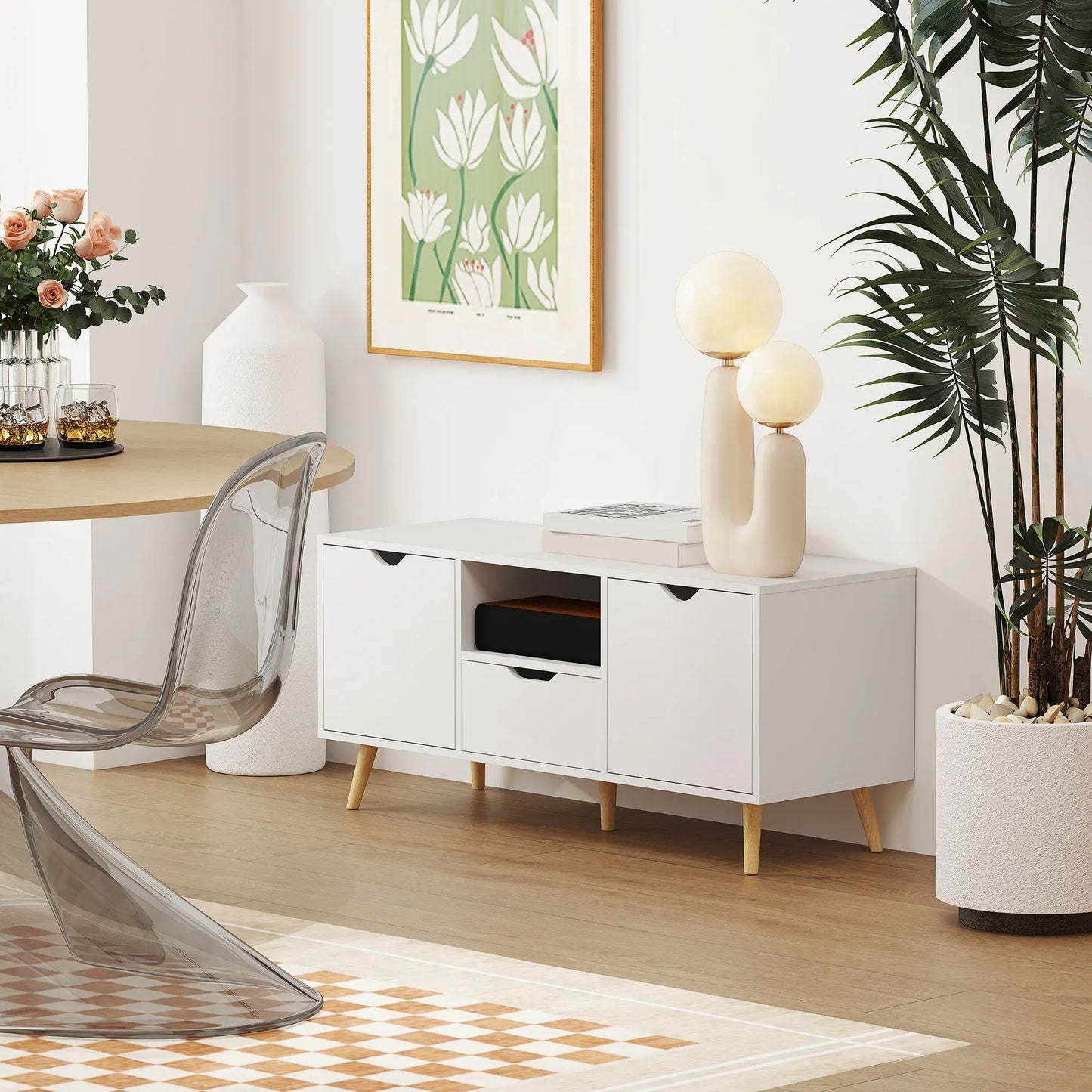 TV Stand for 50" TV, Storage with Shelf, Drawer, 2 Cabinets, White TV Stands at Gallery Canada