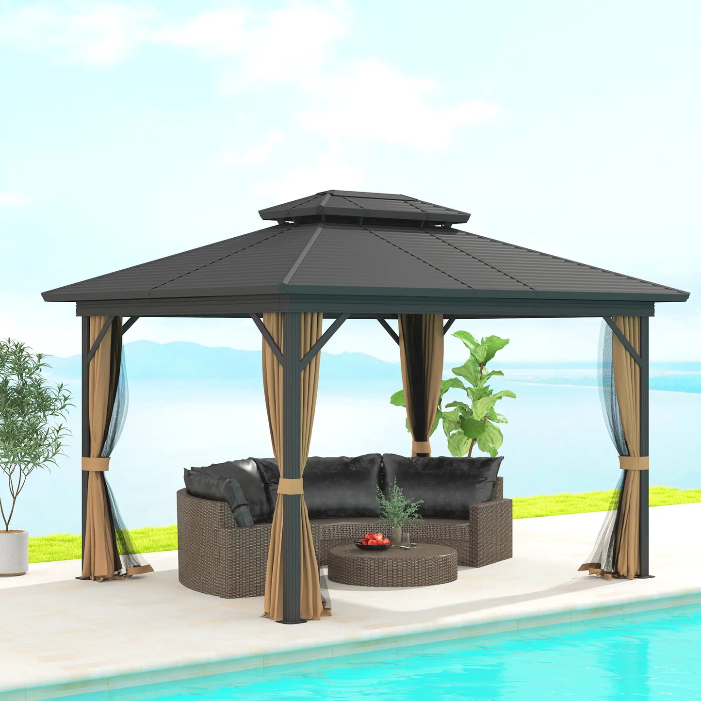 10' x 12' Hardtop Gazebo, Double Tier Roof, Mosquito Net, Dark Brown Gazebos at Gallery Canada