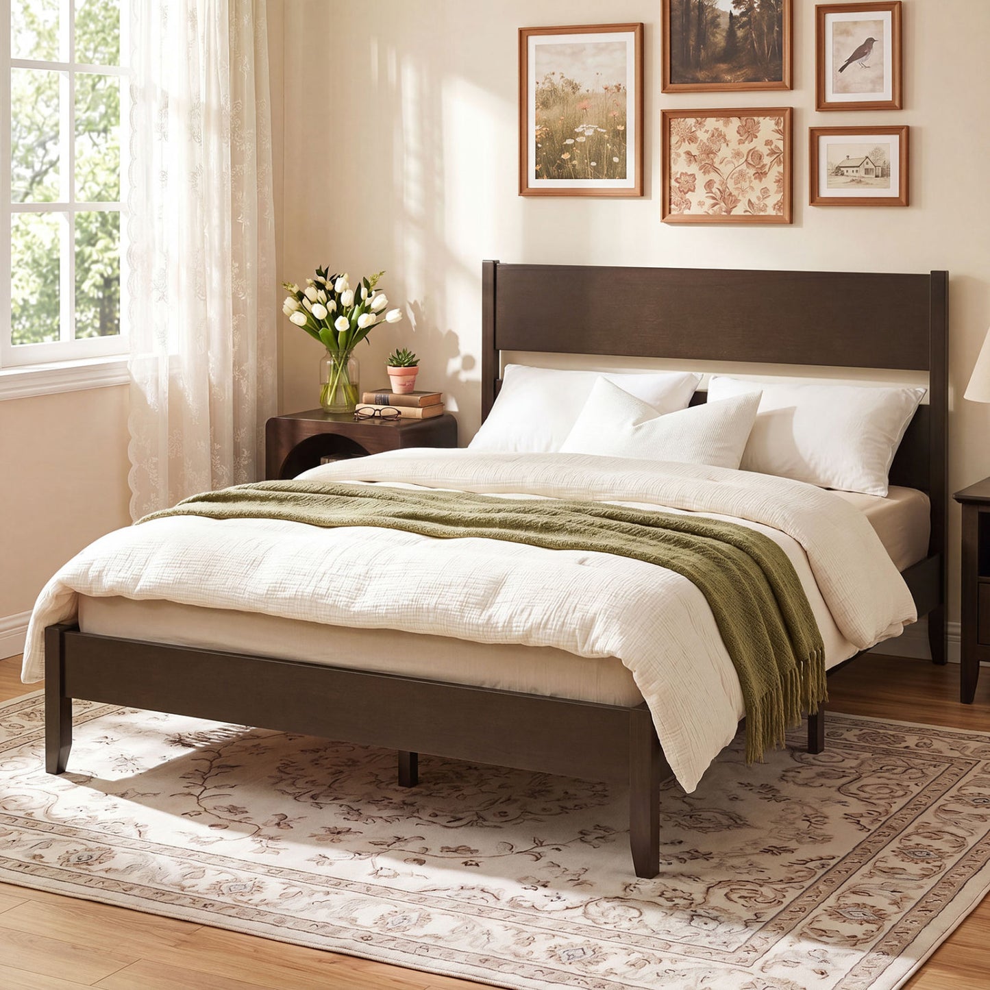 Queen Bed Frame, 12 Slats, Dark Walnut