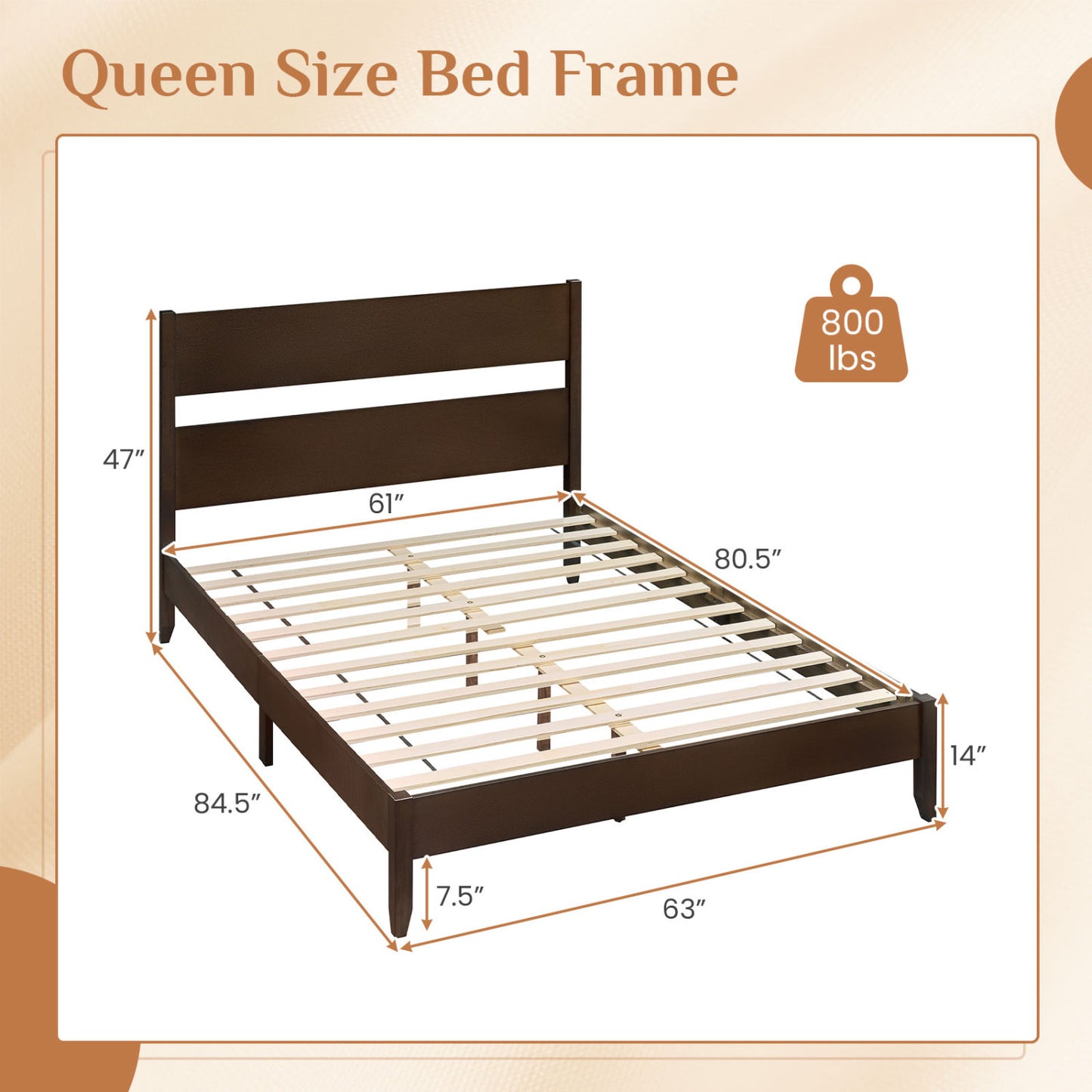 Queen Bed Frame, 12 Slats, Dark Walnut