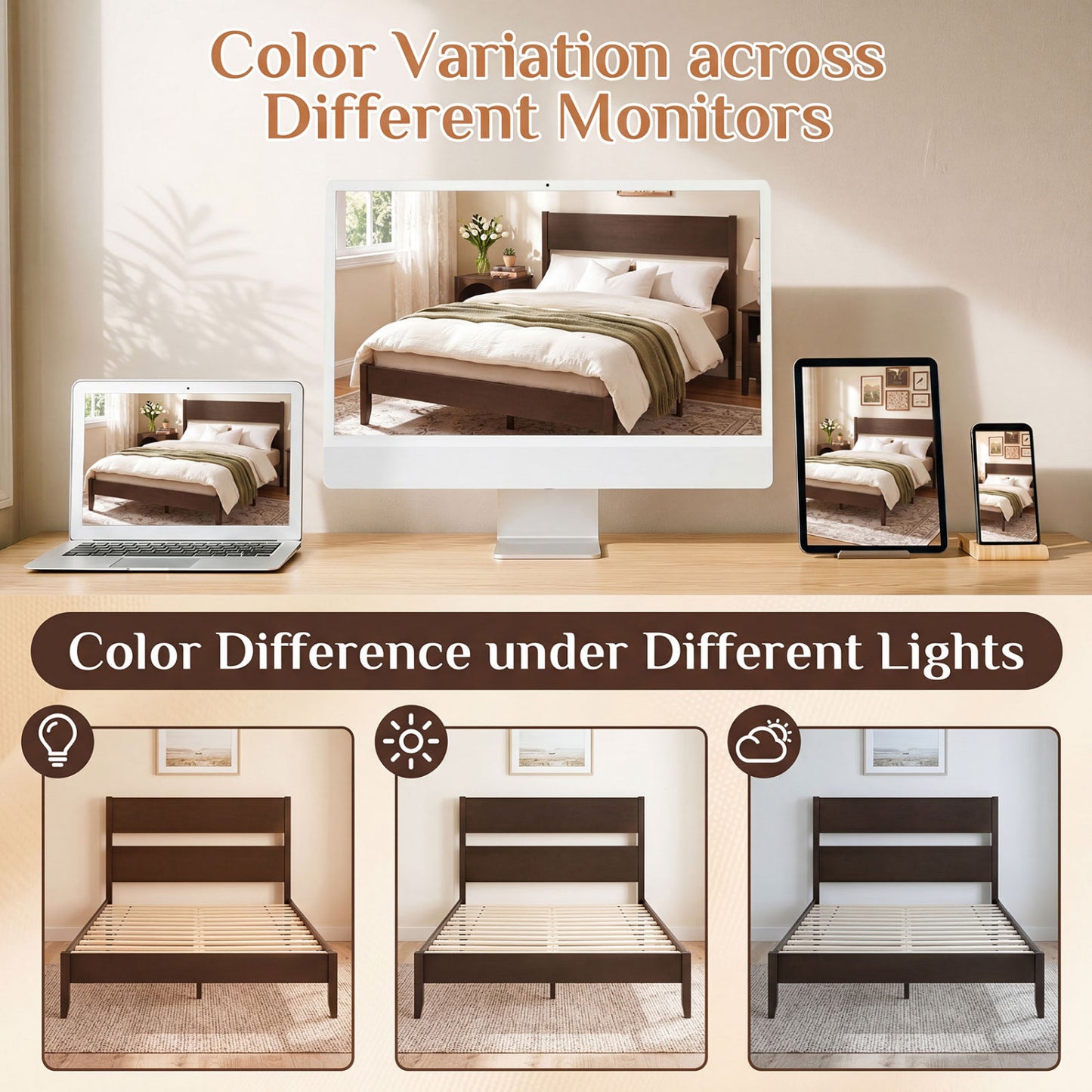 Queen Bed Frame, 12 Slats, Dark Walnut