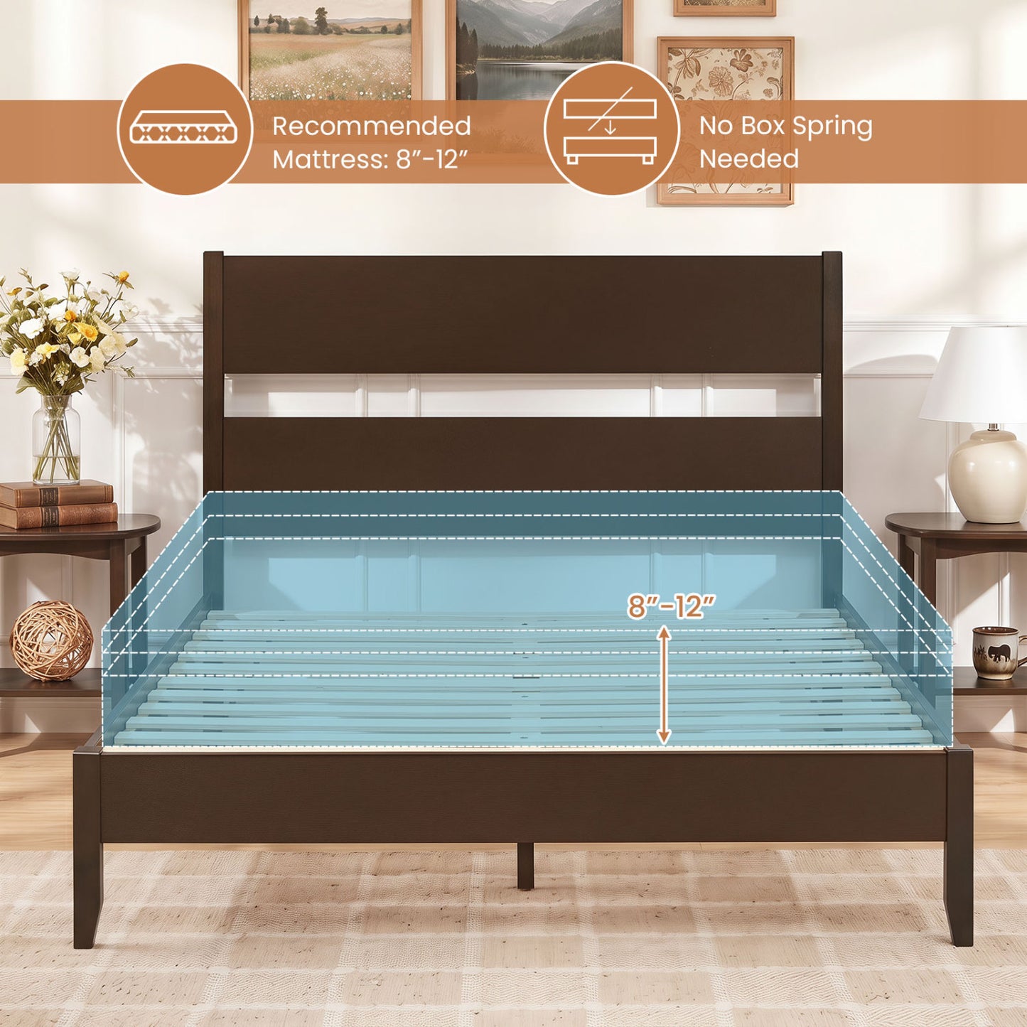 Queen Bed Frame, 12 Slats, Dark Walnut