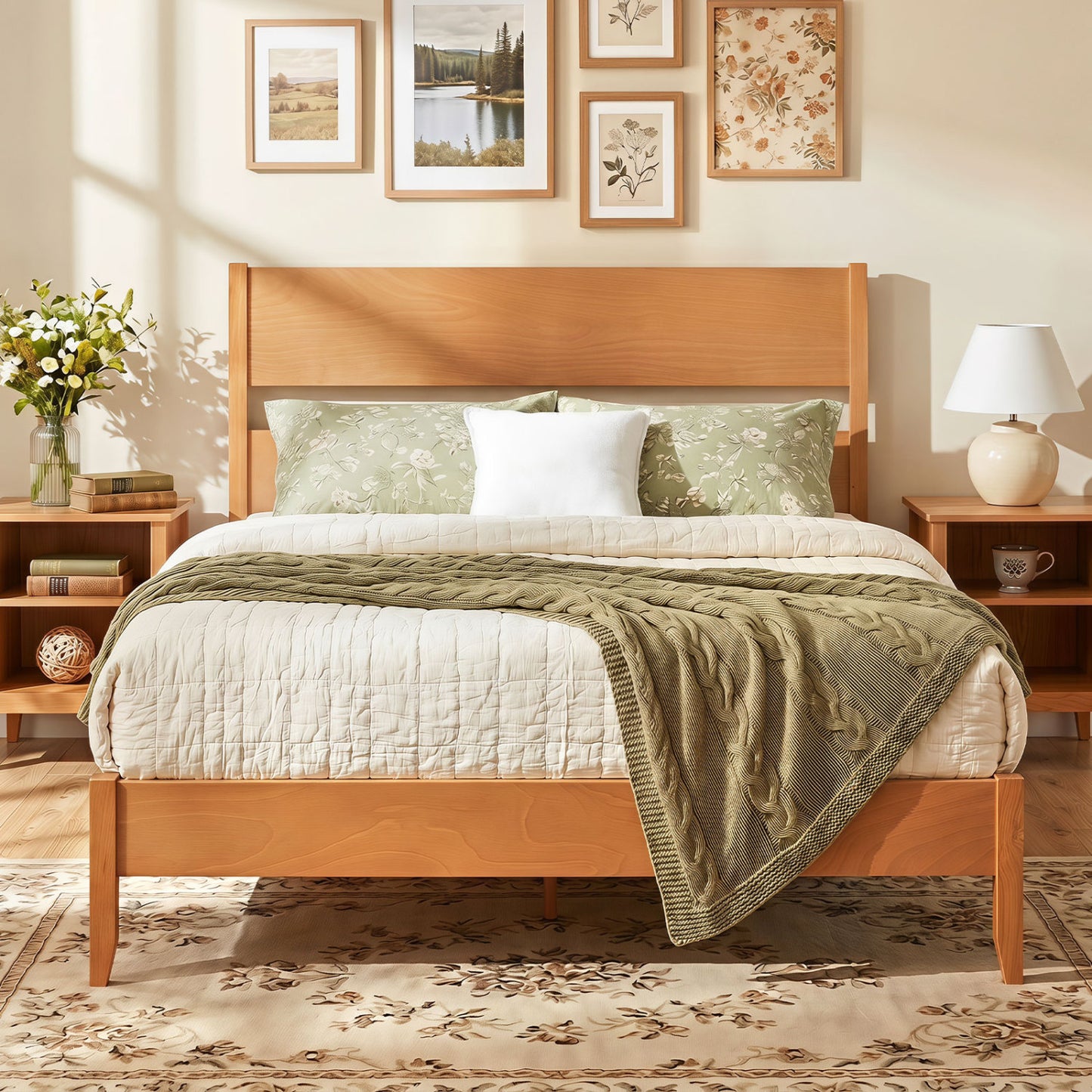 Queen Bed Frame with Headboard, Solid Wood Legs, Brown