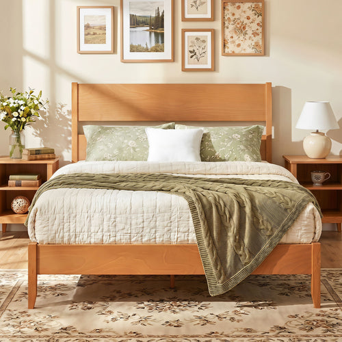 Queen Bed Frame with Headboard, Solid Wood Legs, Brown