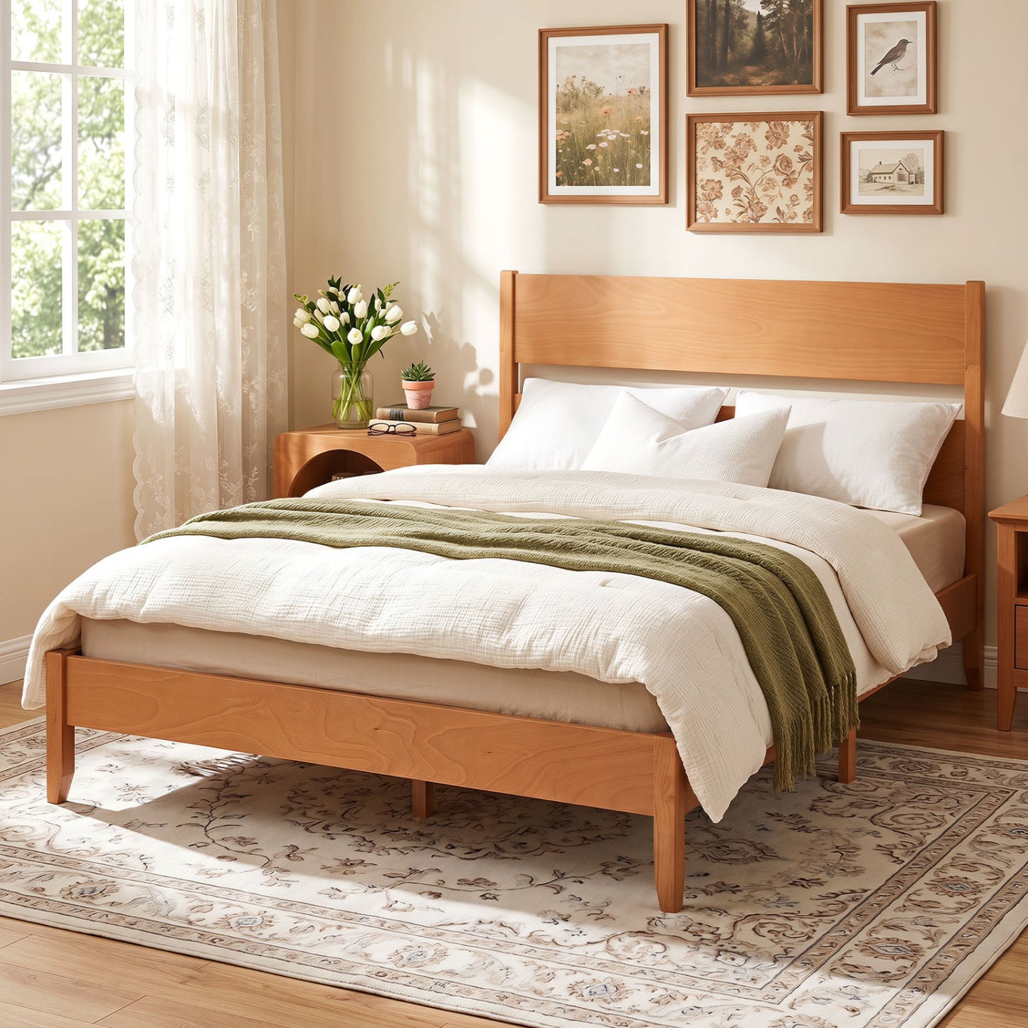 Queen Bed Frame with Headboard, Solid Wood Legs, Brown